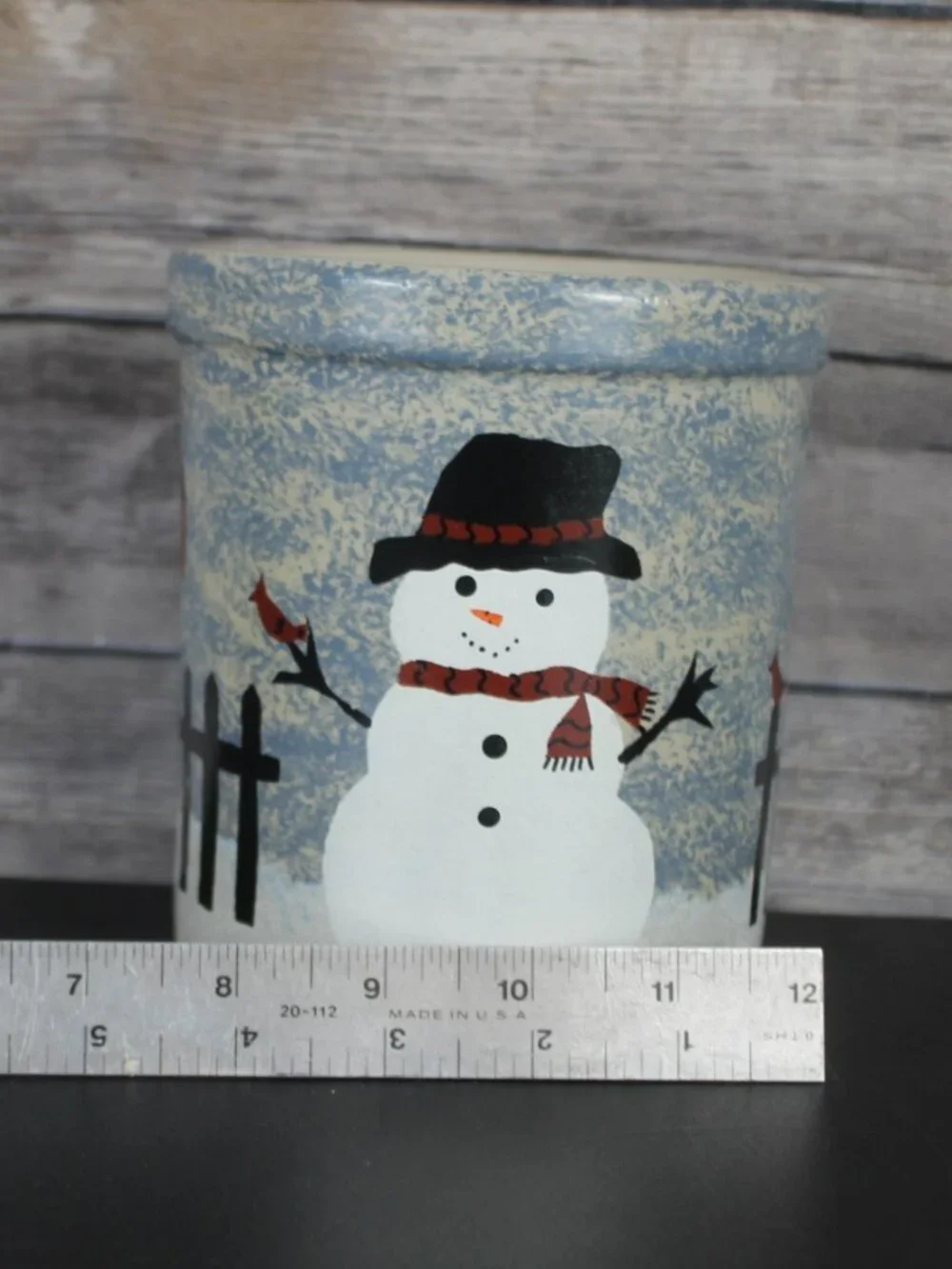 Vintage R.R.P. Co. Roseville Ohio Snowman Stenciled Stoneware Crock Jar 1994